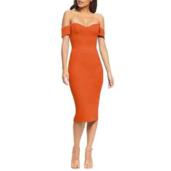 Dress The Population Bailey Poppy Red Off Shoulder Midi Cocktail Dress SZ M - Picture 1 of 11